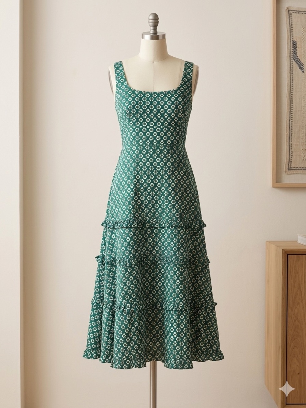Anthropologie The Blythe Square-Neck Tiered Midi Dress Green Floral Size Large